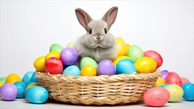 A rabbit surrounded by colorful Easter eggs inside a basket, symbolizing Easter celebrations AI