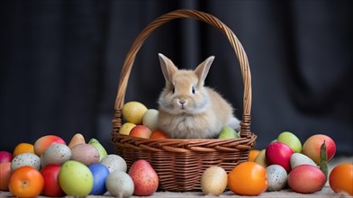 A rabbit sits in a woven basket surrounded by colorful Easter eggs, evoking a festive springtime