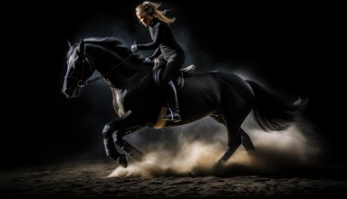 Young woman riding a black horse in dust on black background AI generated