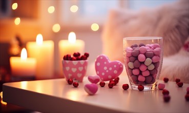 Romantic table with an assortment of candles and heart shapes AI generated