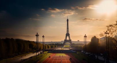 Concept of the Olympic Games in Paris France 2023, the stadium at the Eiffel Tower, AI generated