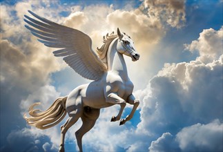 Greek mythology, the winged horse Pegasos flies in the sky, AI generated, AI generated