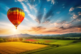 A colorful hot air balloon floats in sky over a blooming field meadow of flowers landscape at