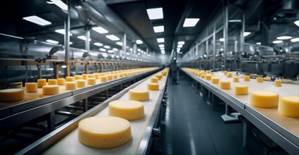 Cheese production at a dairy products factory, conveyor line with cheese, AI generated