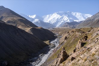 Valley with river Achik Tash between high mountains, mountain landscape with peak Pik Lenin, Osh