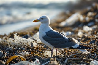 A seagull (Larinae) stands between branches and rubbish on the beach with the sea in the