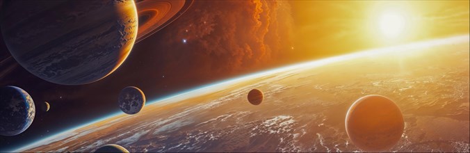 A dramatic depiction of space with several planets in front of a radiant sunset, AI generated, AI