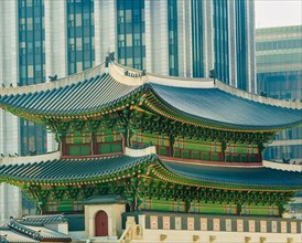 Seoul, South Korea, March 18, 2017:Gyeong Bok Gung Palace gate building set against a background of