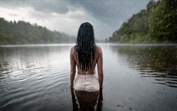 Suicidal thoughts, a young depressive woman with suicidal intent stands in the water by a lake in
