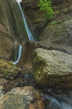 Clear water flows between large stones beneath green leaves, Eifel, North Rhine-Westphalia,