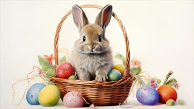 A rabbit in a basket with a variety of vibrant, decorated Easter eggs and greenery AI generated