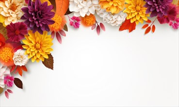Festive and colorful dahlia flowers creating an autumnal border on a white background AI generated