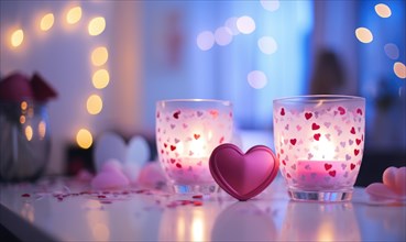 Valentine's atmosphere with heart-patterned glasses and soft lighting AI generated