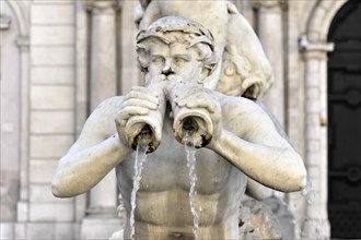 Fountain figure of a Triton, Moor Fountain or Fontana del Moro, Piazza Navona, Rome, Lazio, Italy,
