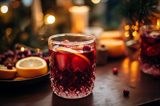 Glass of traditional mulled wine with orange and cranberry garnishes on a cozy Christmas table. The