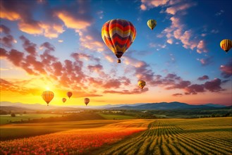A colorful hot air balloons floats in sky over a blooming field meadow of flowers landscape at