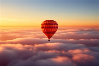 Colorful hot air balloon floats over a sea of clouds at sunset at sunset with orange and blue skies