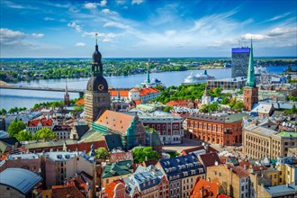 Aerial view of Riga center from St. Peter's Church, Riga, Latvia, Europe