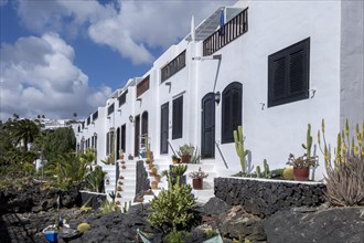 Typical white houses on the promenade, with small gardens on lava rock, Puerto del Carmen,