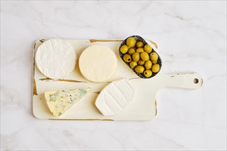 Top view of brie, camembert, goat cheese and cheese with blue mold on white serving board