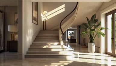 Modern interior with elegant staircase bathed in warm sunlight, creating a serene atmosphere, AI