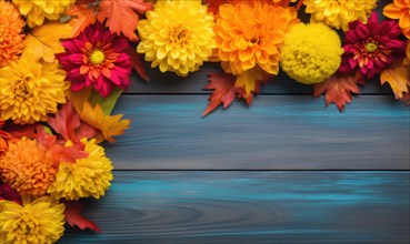Colorful bouquet of autumn flowers aligned on a blue wooden background with copy space AI generated