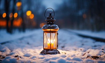 Lantern on the railway at night. Beautiful winter landscape AI generated