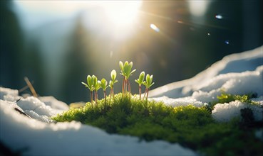 Young seedlings emerging from snow-covered ground in the sunlight AI generated