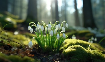 Snowdrops on a forest floor with serene natural lighting and green moss AI generated