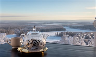 A teapot overlooking a tranquil winter landscape through frosted glass AI generated