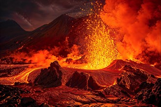 An active volcano in eruption, surrounded by smoky atmosphere in dramatic red and orange tones, AI