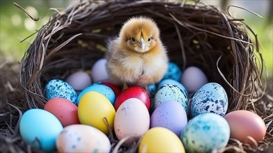 A fluffy chick sits atop multicolored Easter eggs in a nest AI generated