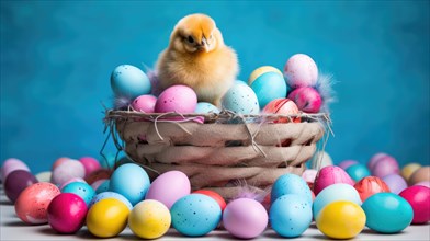 A fluffy chick sits atop a basket filled with pastel-colored Easter eggs against a vibrant blue