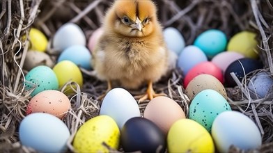 A chick sits among multicolored Easter eggs nestled in straw AI generated