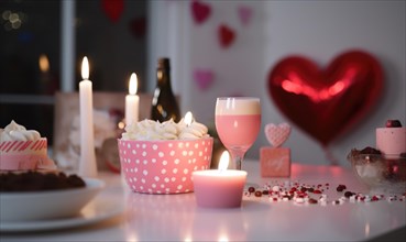Candle light providing a warm ambience with heart-shaped candies and confetti AI generated