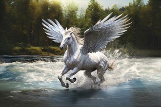 Legendary Pegasus winged horse of the Greek Mythology running through water with open wings, AI