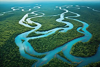 Aerial view of a meandering river in a tropical rainforest, Brazil, AI Generated, AI generated,