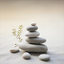 Zen stones stack on sand waves in a minimalist setting for balance and harmony. Balance, harmony,