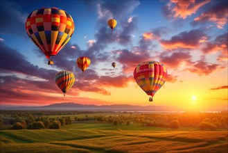 A colorful hot air balloons floats in sky over a blooming field meadow of flowers landscape at