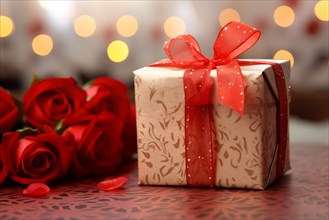 Gift adorned with a red ribbon, accompanied by bouquet of vibrant red roses, set against a backdrop