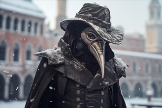 Person dressed as a plague doctor, adorned with the iconic crow mask, amidst the snowfall at the