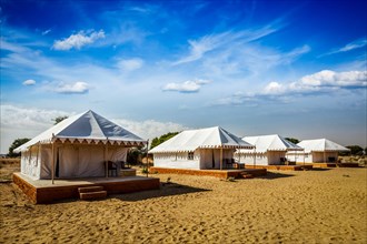 Tourist tent camp in desert in Jaisalmer, Rajasthan, India, Asia