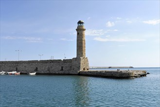 Venetian harbour, Venetian lighthouse, boats, water reflection, Rethimnon, central Crete, island of