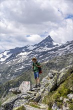 Mountaineer on rocky hiking trail, Berliner Hoehenweg, mountain panorama with summit Schrammacher,