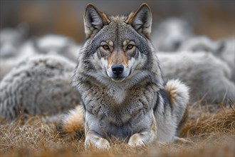 A gray wolf (Canis lupus) lies on the ground and looks directly into the camera, freshly killed