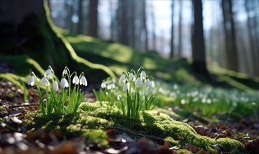 Snowdrops on mossy forest ground in the gentle sunlight AI generated