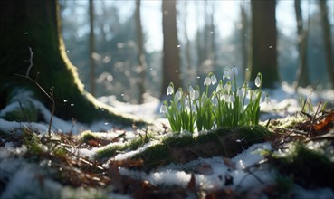 Frosty snowdrops in the sunlight, with melting snow around them AI generated