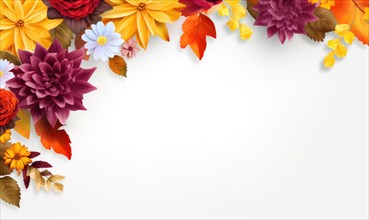 Colorful autumn flowers forming a border on a white background AI generated