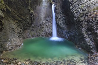 Waterfall in a gorge, Kozjak waterfall, Soca Valley, Slovenia, Europe