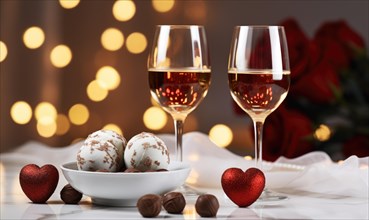 A festive display with champagne glasses, heart accents, and candlelight AI generated